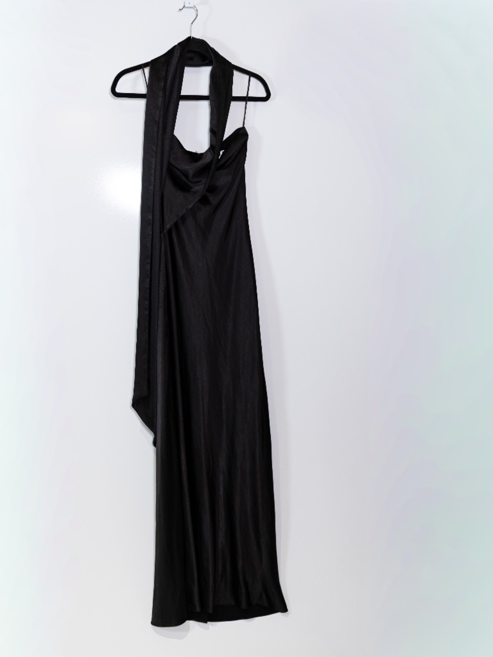 NEW Misha The Lilia Satin Neck Wrap Scarf Column Long Black Cocktail Dress XS